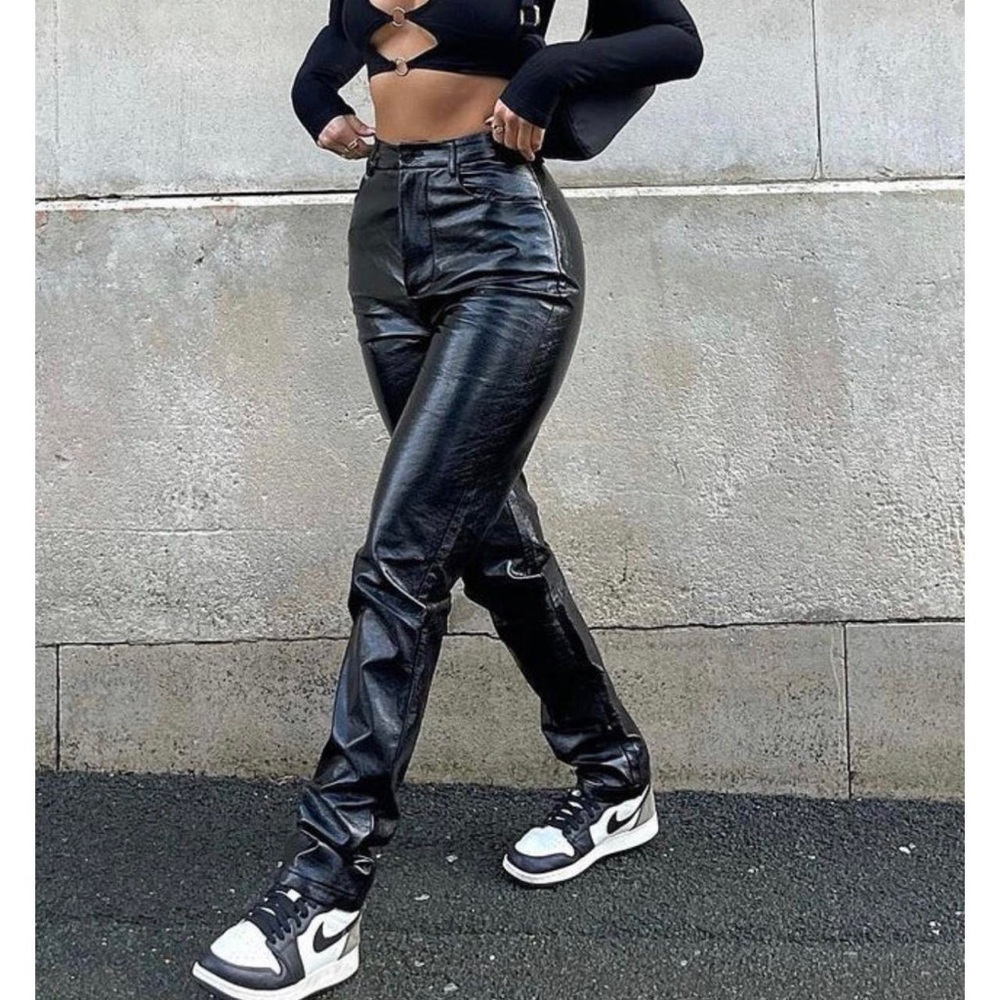 White fox black leather pants